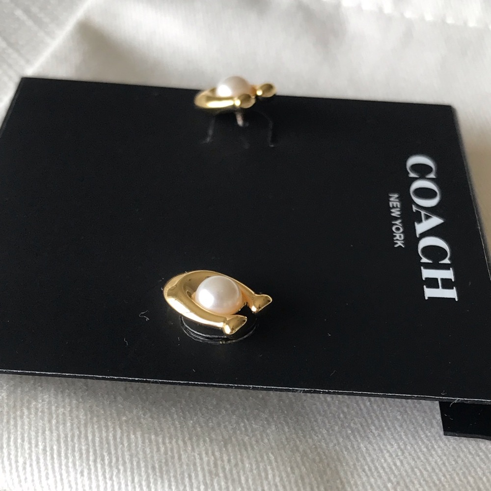 Coach Faux Pearl Gold C Stud Earrings, NWT - Picture 7 of 14